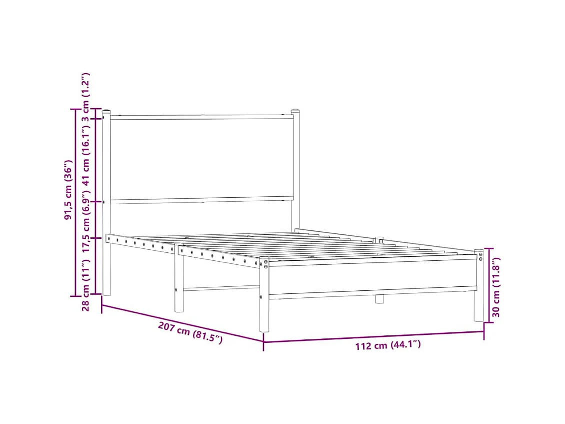 Cadre de lit en métal sans matelas chêne fumé 107x203 cm