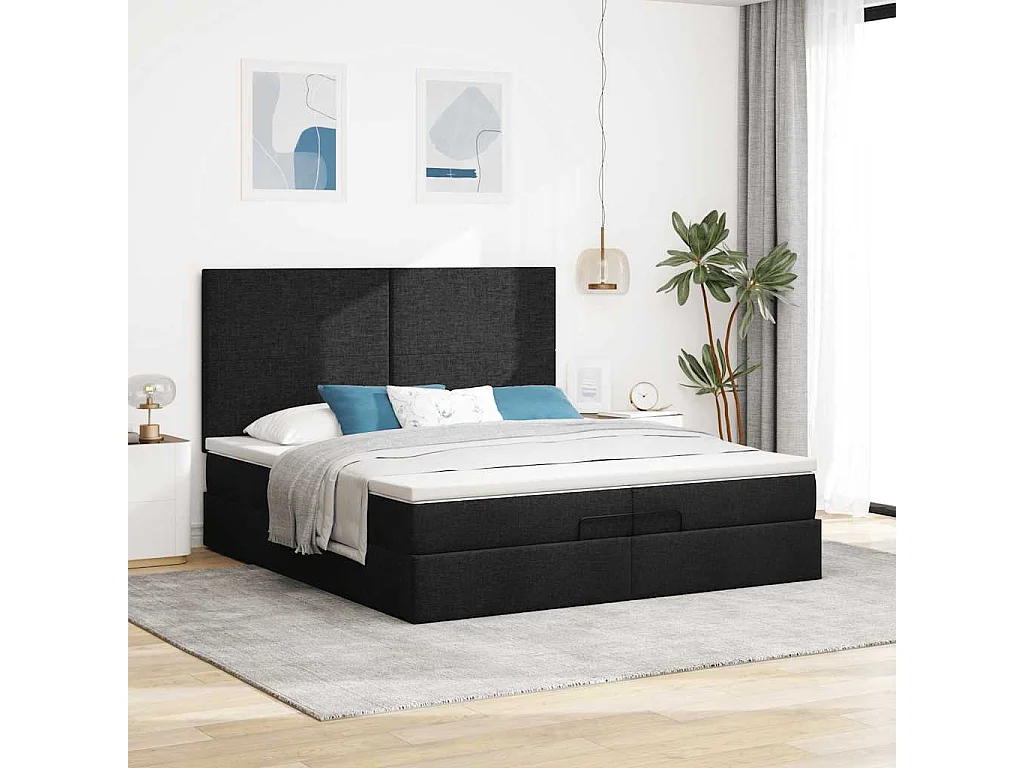 Estructura de cama otomana con colchones tela negra 200x200cm