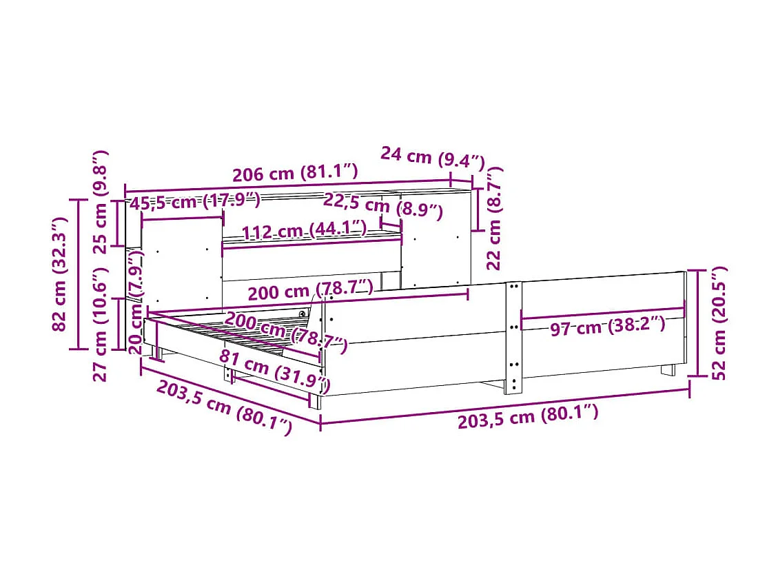 Cama sin colchón madera maciza de pino marrón cera 200x200 cm