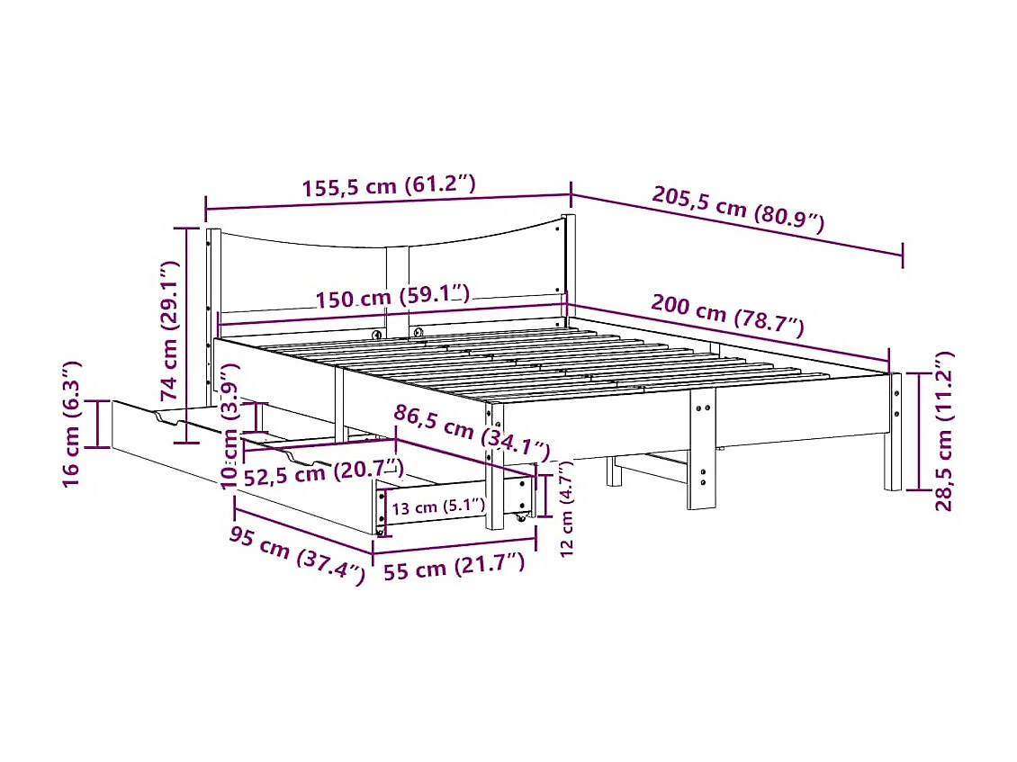 Cadre de lit avec tiroirs 150x200 cm bois de pin massif