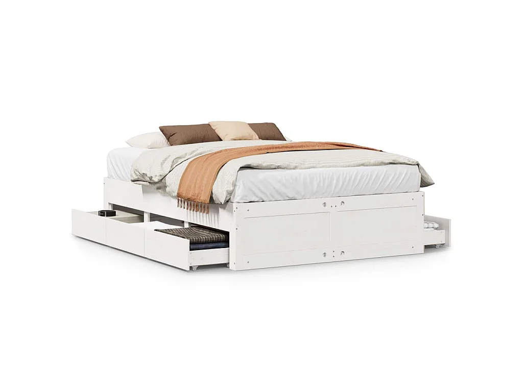 Cadre de lit sans matelas avec tiroirs blanc 150x200 cm pin
