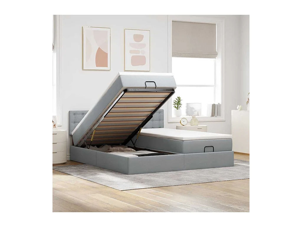 Cadre de lit ottoman et matelas gris clair 200x200cm tissu