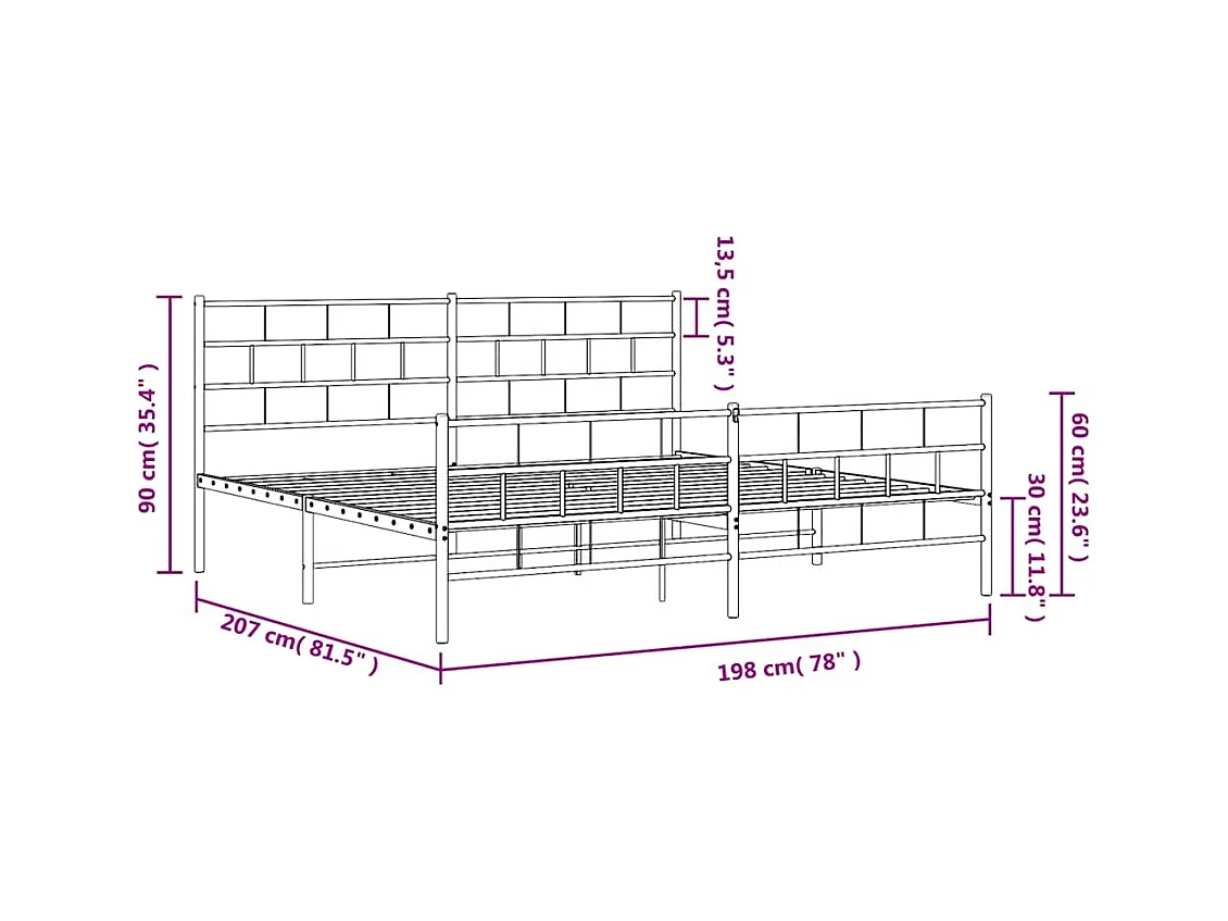 Cadre de lit métal sans matelas avec pied de lit noir 193x203cm