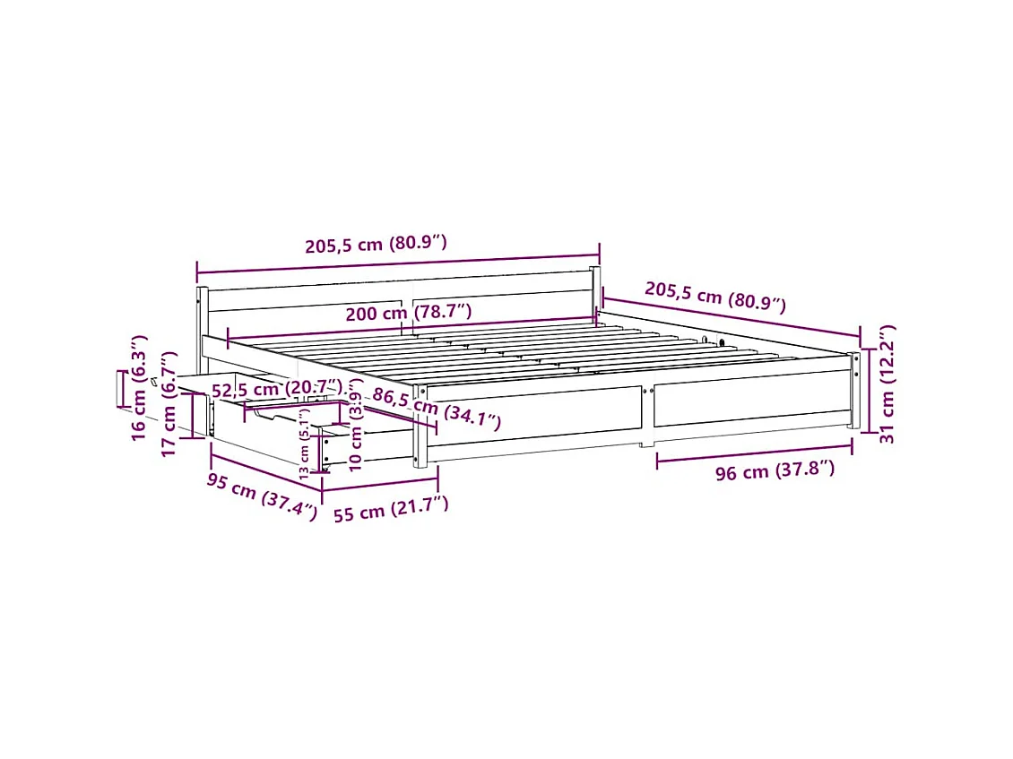 Cadre de lit sans matelas blanc 200x200 cm bois massif de pin