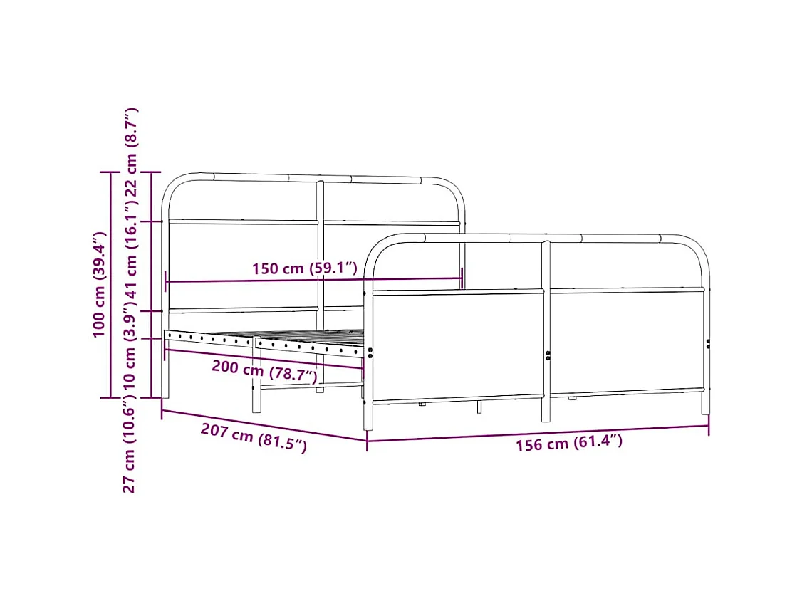 Cadre de lit en métal sans matelas chêne fumé 150x200 cm