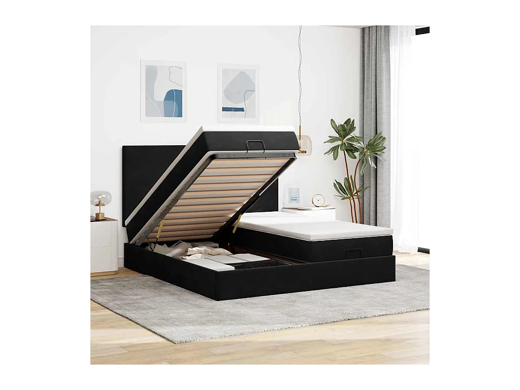 Estructura de cama otomana colchones terciopelo negro 200x200cm