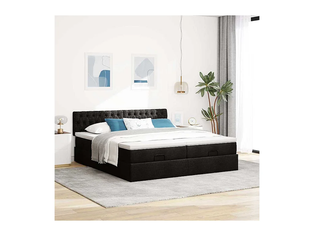Estructura de cama otomana con colchones tela negra 200x200cm