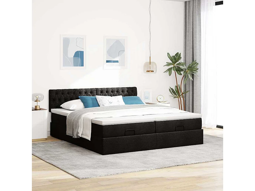 Cadre de lit ottoman avec matelas noir 200x200cm tissu