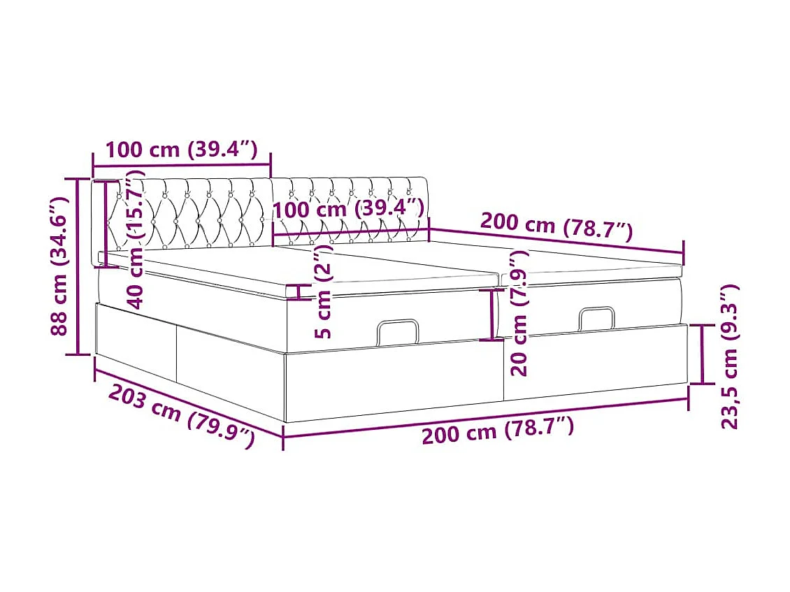 Struttura Letto Pouf con Materassi Nero 200x200 cm in Tessuto