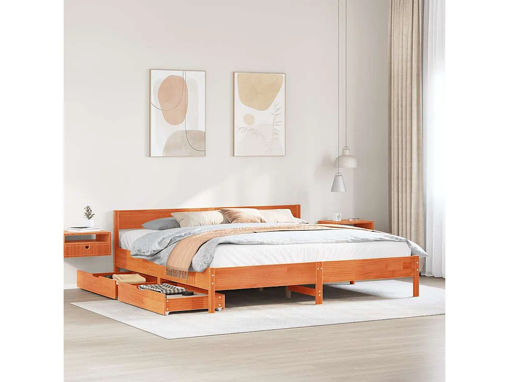 Cama sin colchón madera maciza de pino marrón cera 200x200 cm