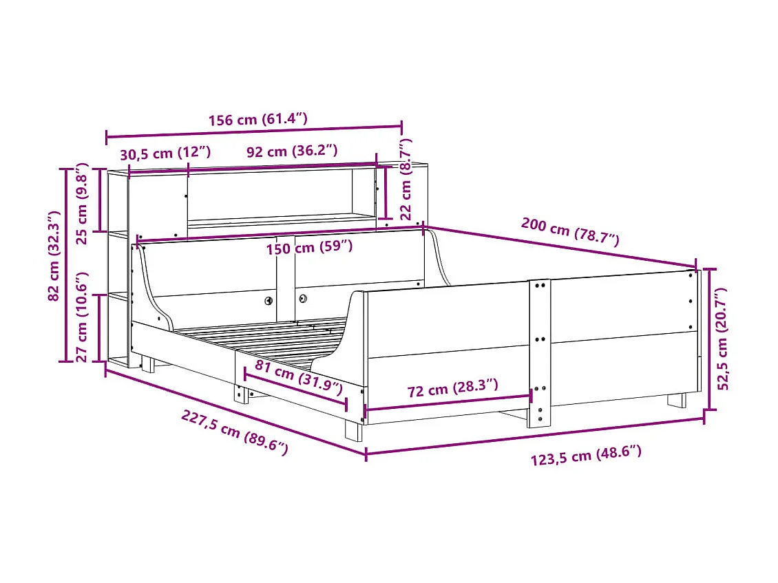 Bedframe zonder matras massief grenenhout wit 150x200 cm