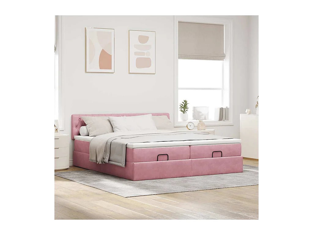 Cadre de lit ottoman avec matelas rose 200x200 cm velours