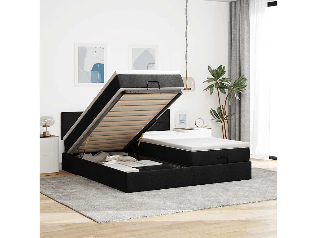 63 / 5,000vidaXL Estrutura de cama otomana com colchões tecido preto