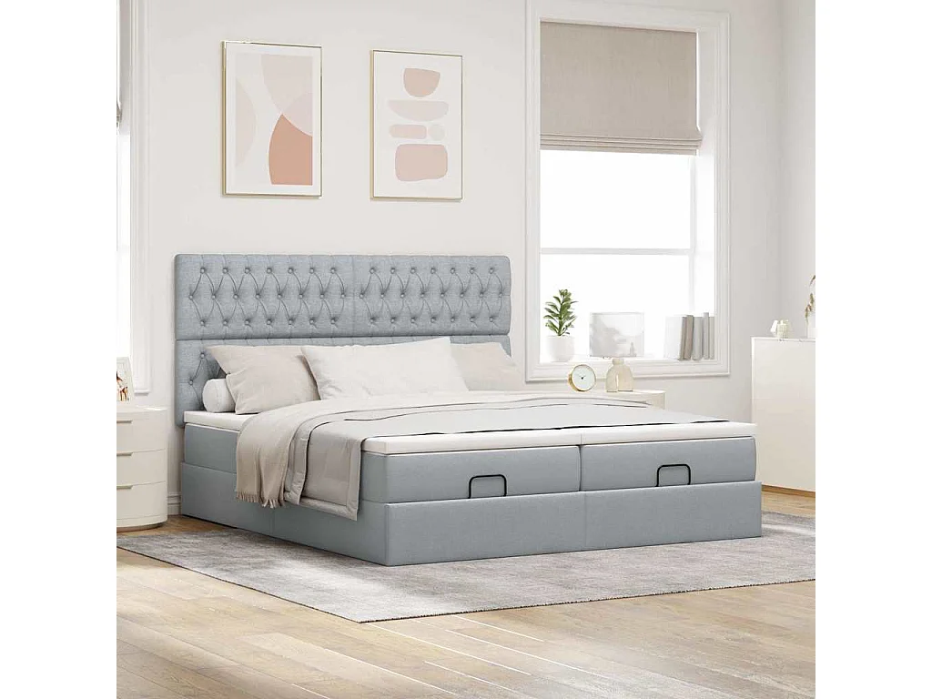 Ottoman bed met matrassen en LED's 200x200cm stof lichtgrijs