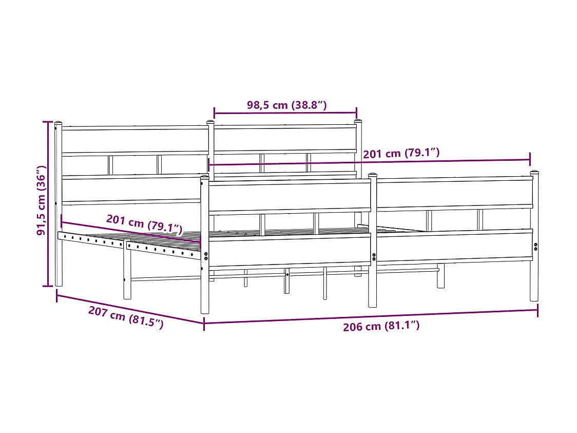 Cadre de lit en métal sans matelas chêne sonoma 200x200 cm