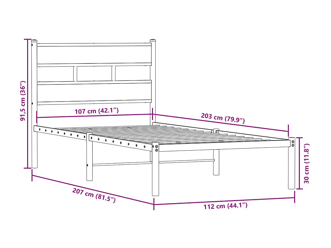 Cadre de lit en métal sans matelas chêne sonoma 107x203 cm