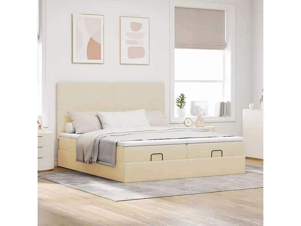 Struttura Letto Pouf con Materassi Crema 200x200 cm in Tessuto