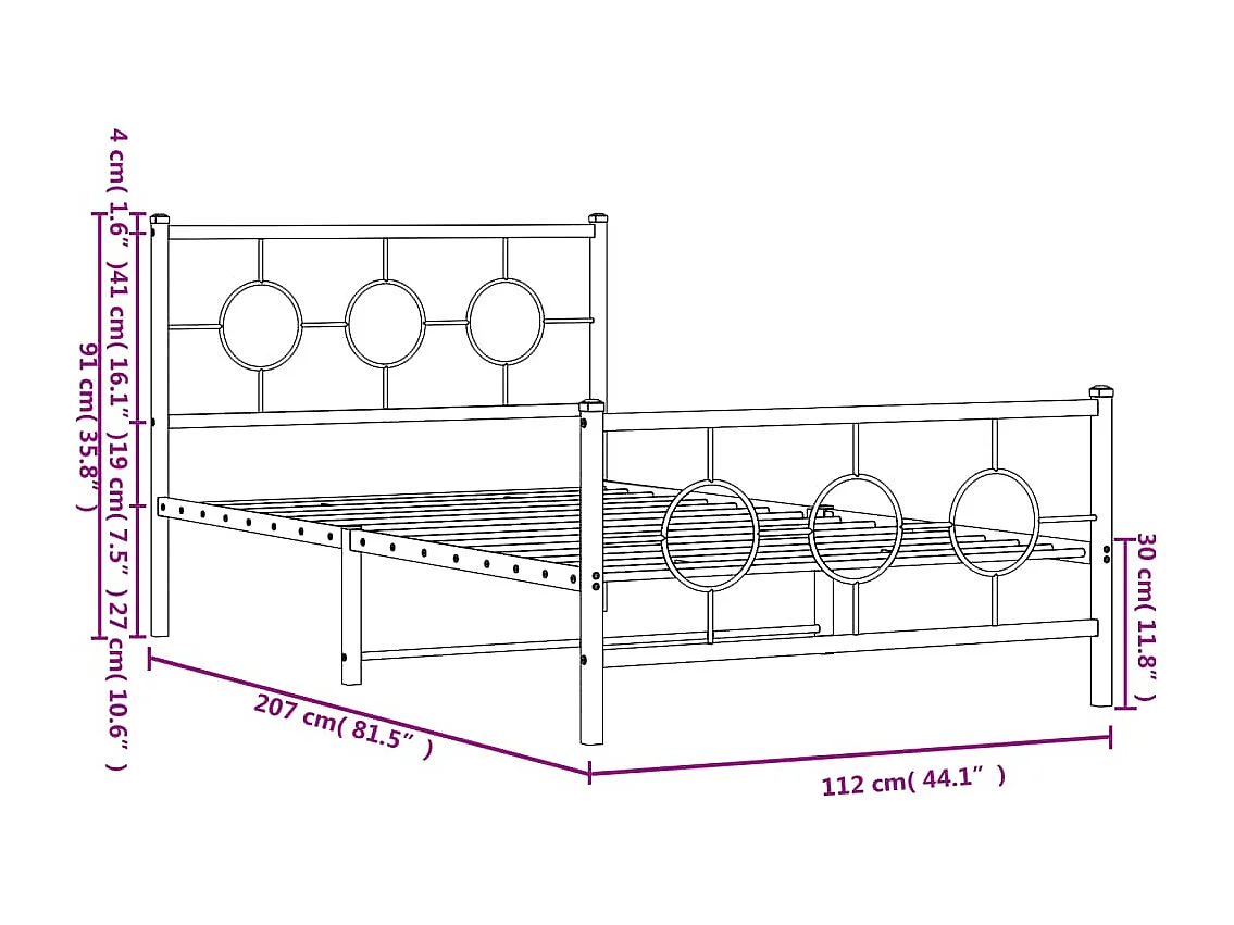 Cadre de lit métal sans matelas et pied de lit blanc 107x203 cm