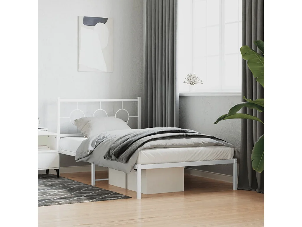 Cadre de lit métal sans matelas et pied de lit blanc 107x203 cm