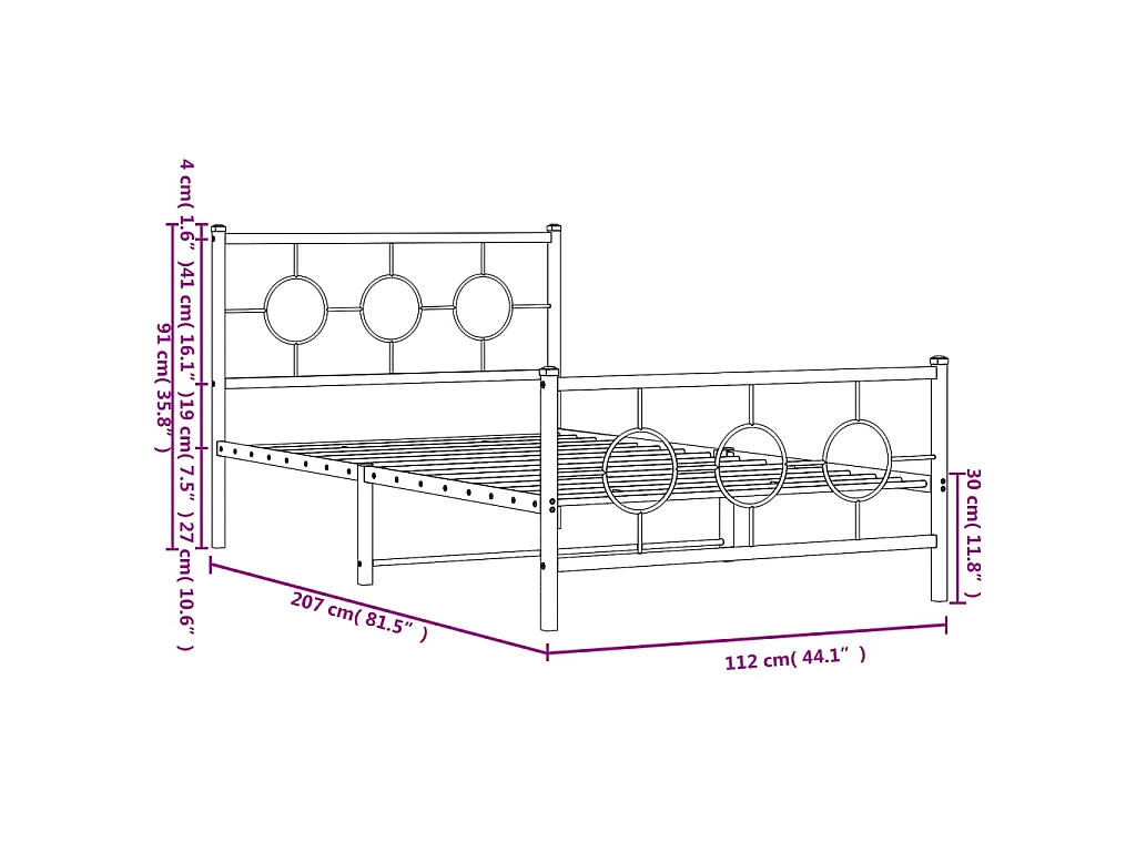 Cadre de lit métal sans matelas et pied de lit blanc 107x203 cm