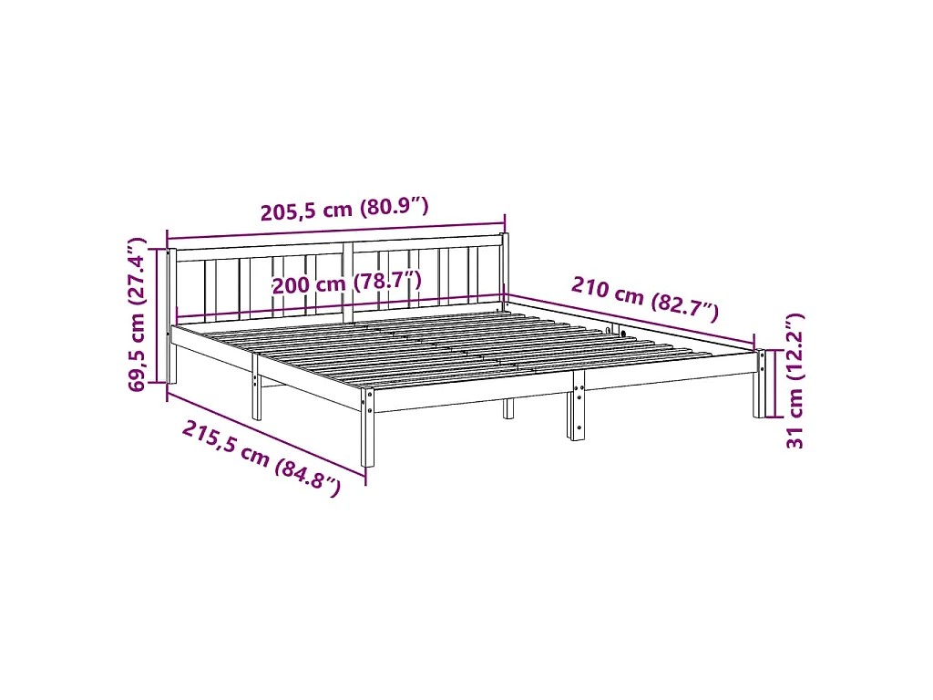 Cadre de lit extra long sans matelas 200x210 cm bois massif pin