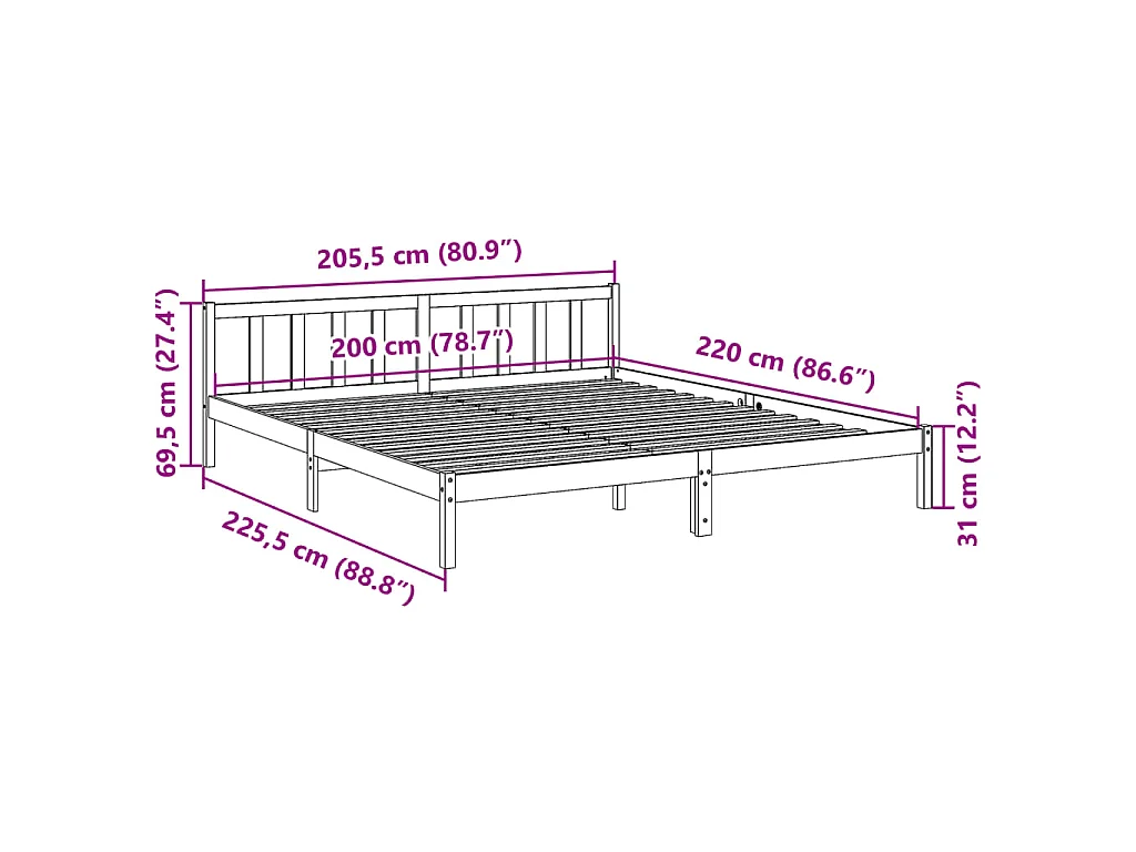Cadre de lit extra long sans matelas 200x220 cm bois massif pin