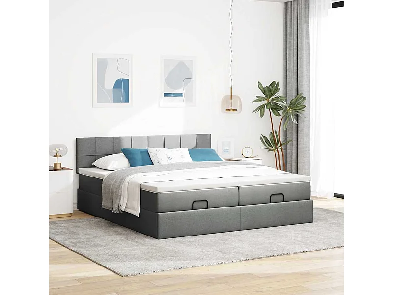 Cadre de lit ottoman avec matelas gris foncé 200x200cm tissu