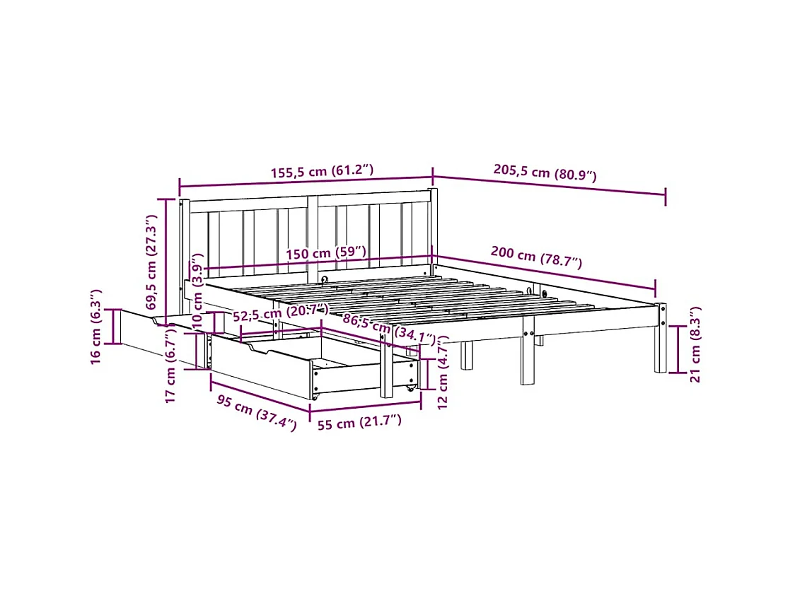 Letto senza Materasso 150x200 cm in Legno Massello di Pino