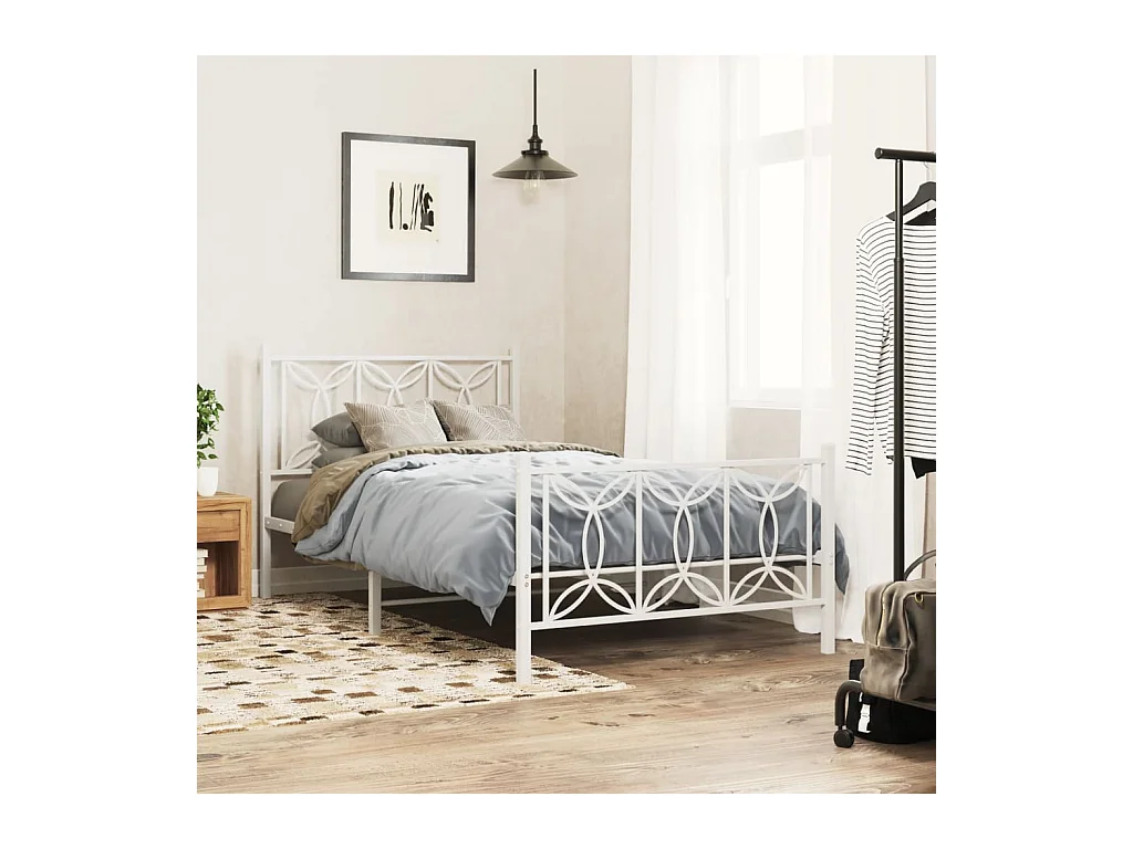 Cadre de lit métal sans matelas et pied de lit blanc 107x203 cm