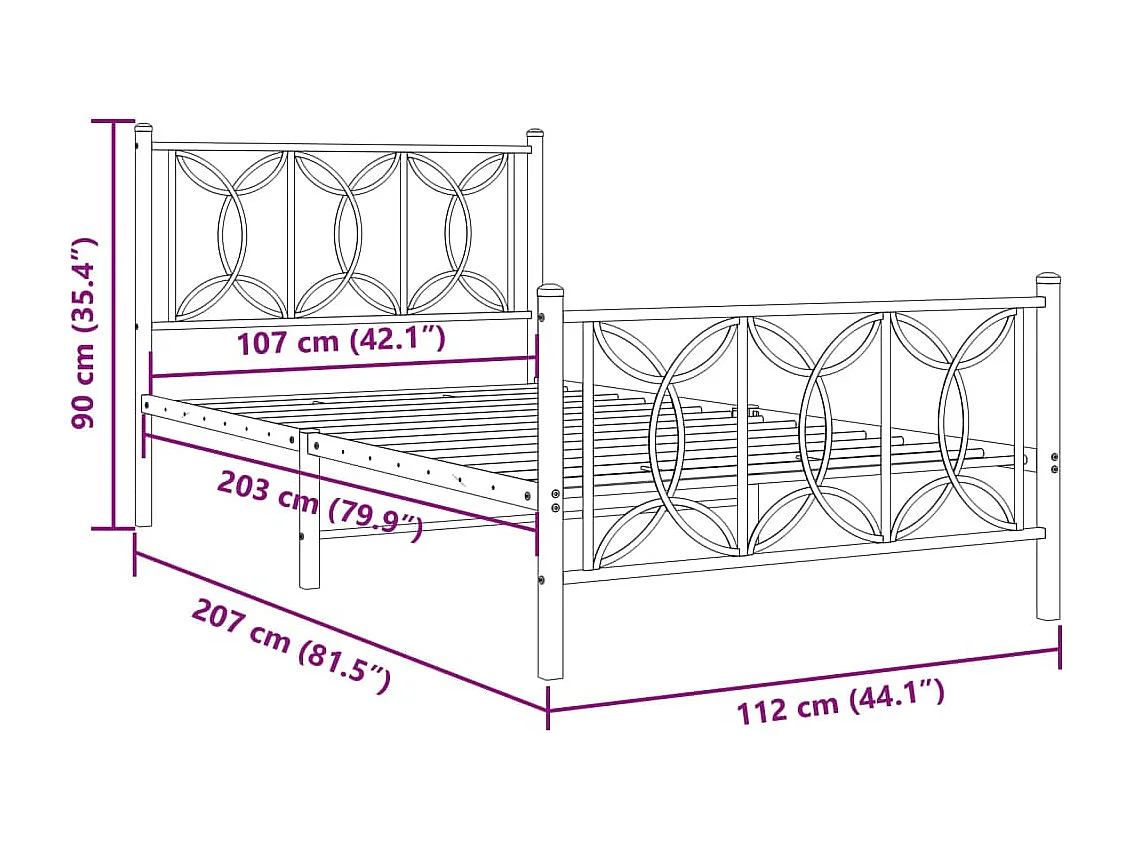 Cadre de lit métal sans matelas et pied de lit blanc 107x203 cm