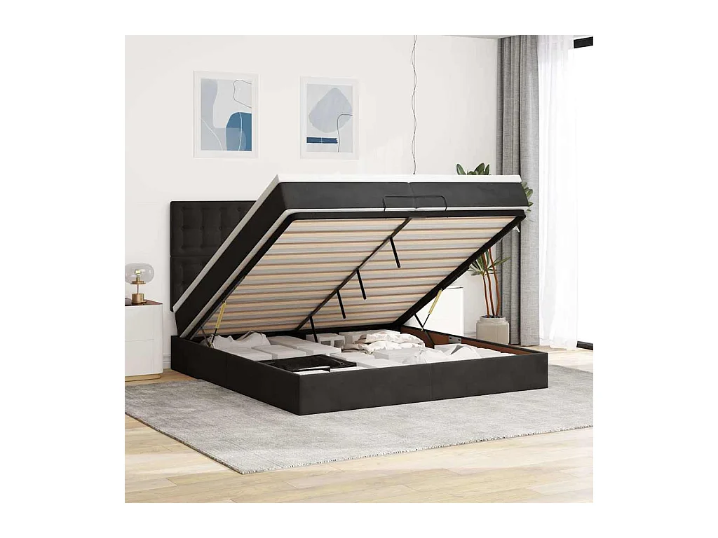 Struttura Letto Pouf con Materassi Nero 200x200 cm Velluto