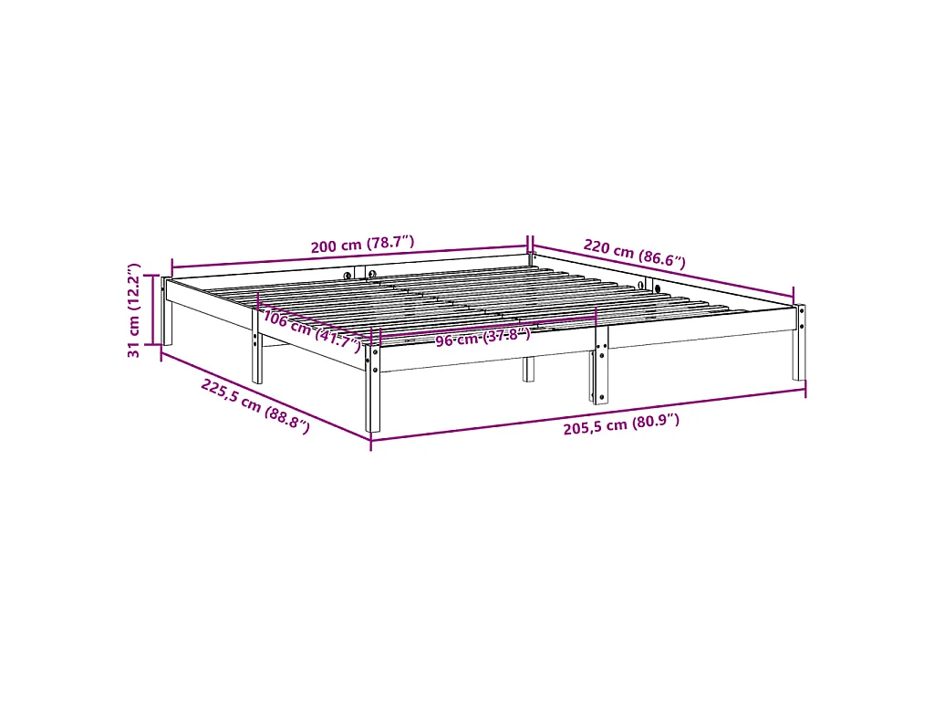 Cadre de lit extra long sans matelas 200x220 cm bois massif pin