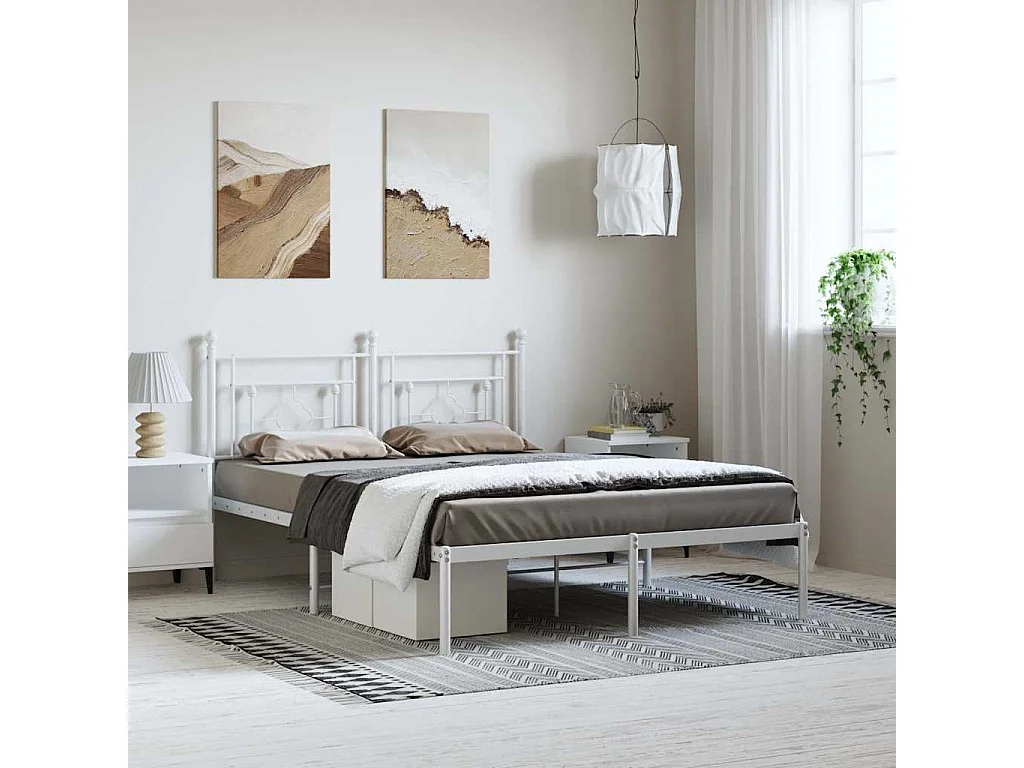 Cadre de lit métal sans matelas et tête de lit blanc 193x203 cm