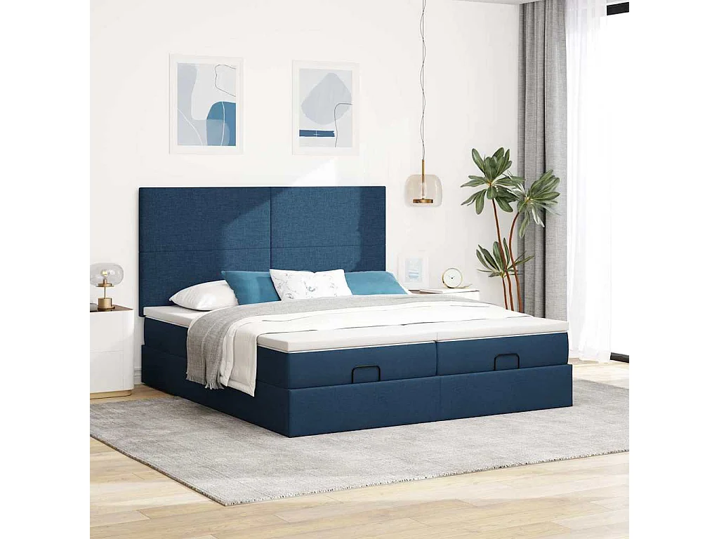 Cadre de lit ottoman avec matelas bleu 200x200cm tissu