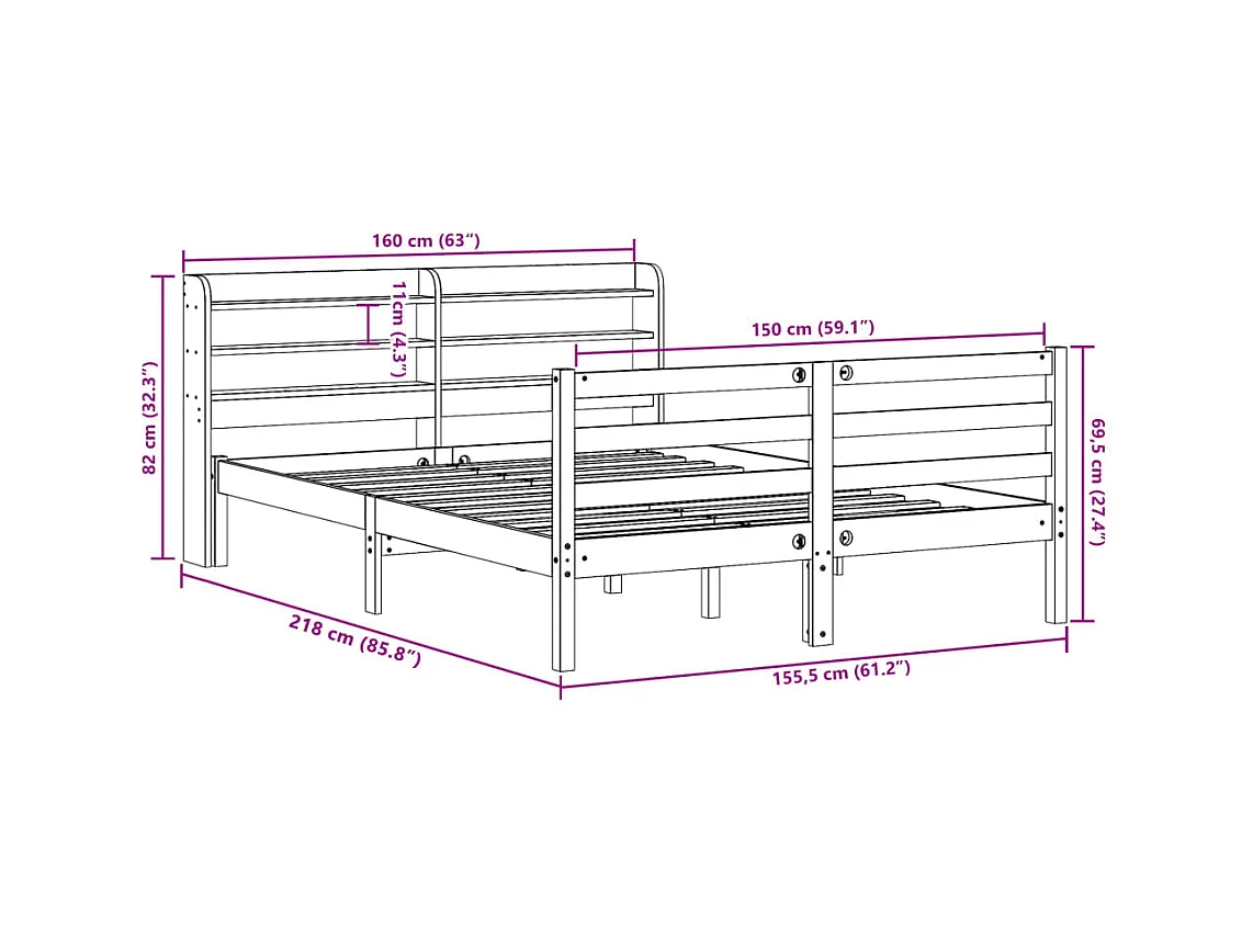 Cadre de lit sans matelas cire marron 150x200cm bois pin massif