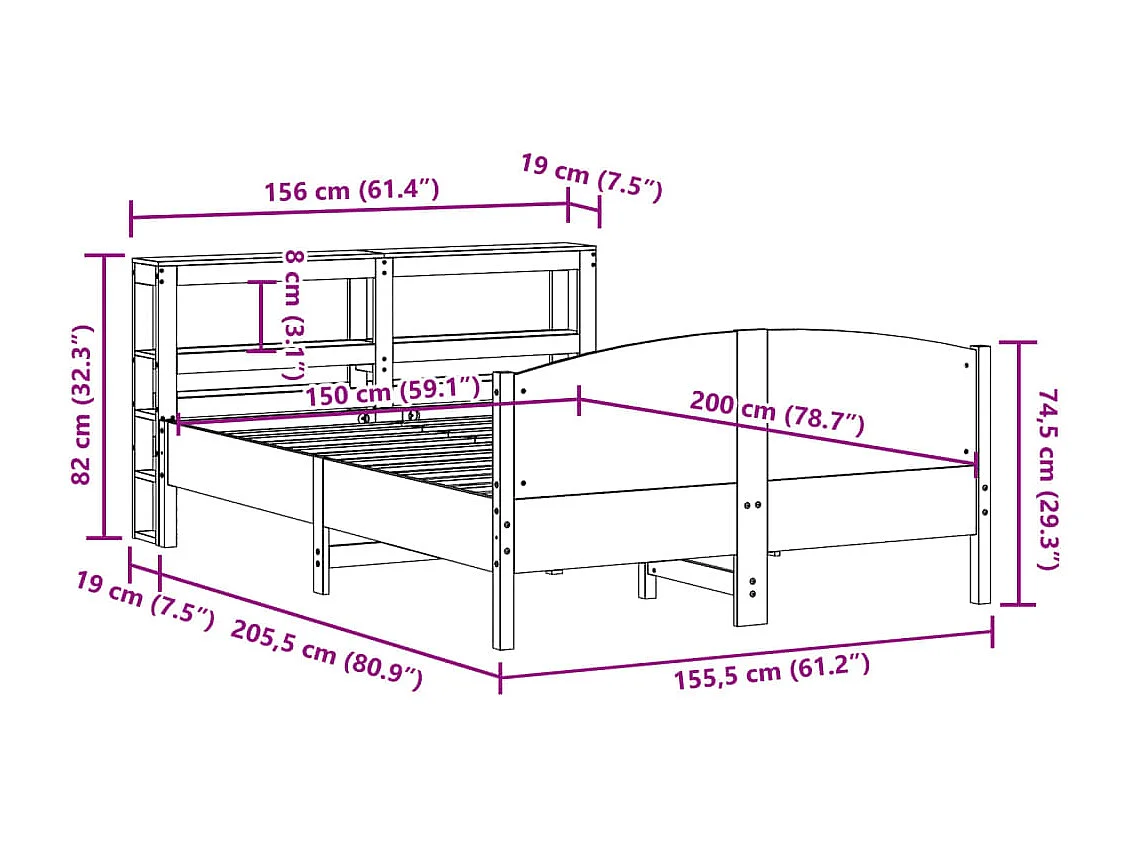 Bedframe zonder matras massief grenenhout wit 150x200 cm