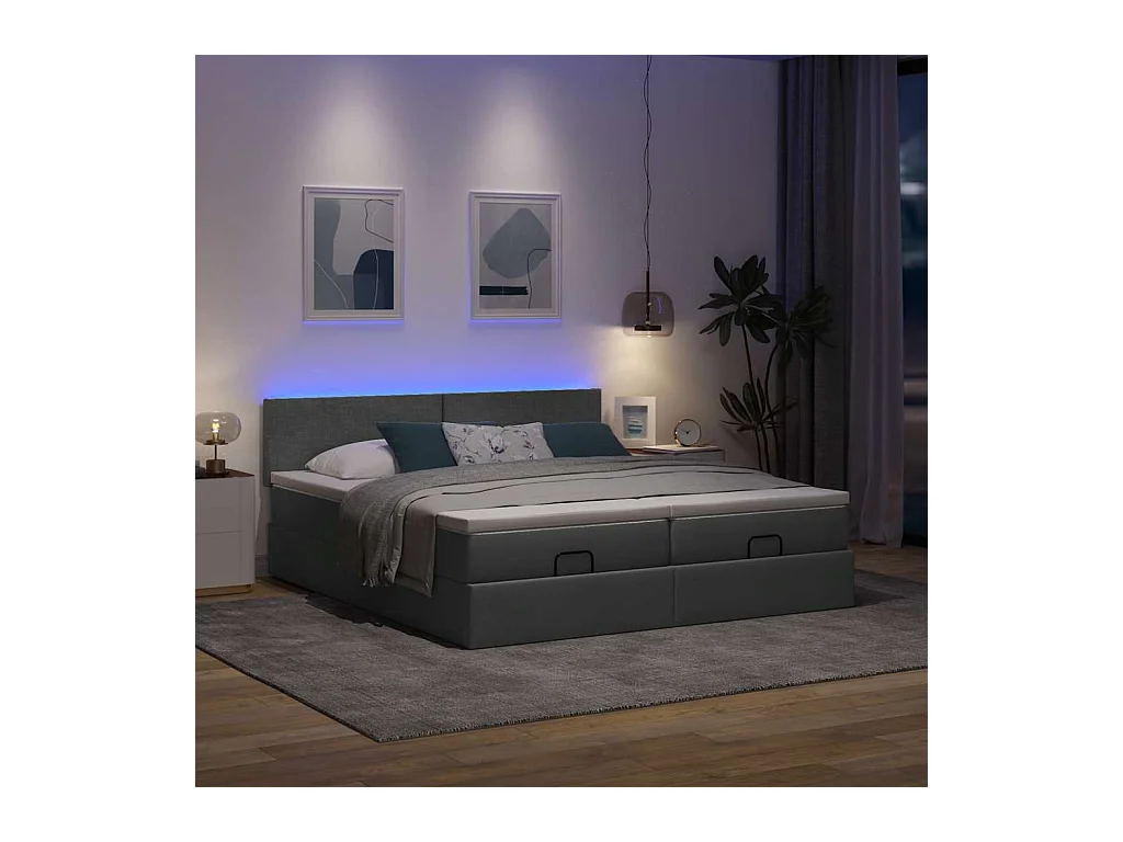 Ottoman-Bett mit Matratzen & LEDs Dunkelgrau 200x200 cm Stoff