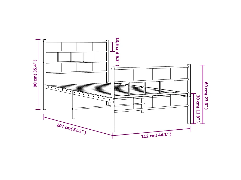 Cadre de lit métal sans matelas et pied de lit blanc 107x203 cm