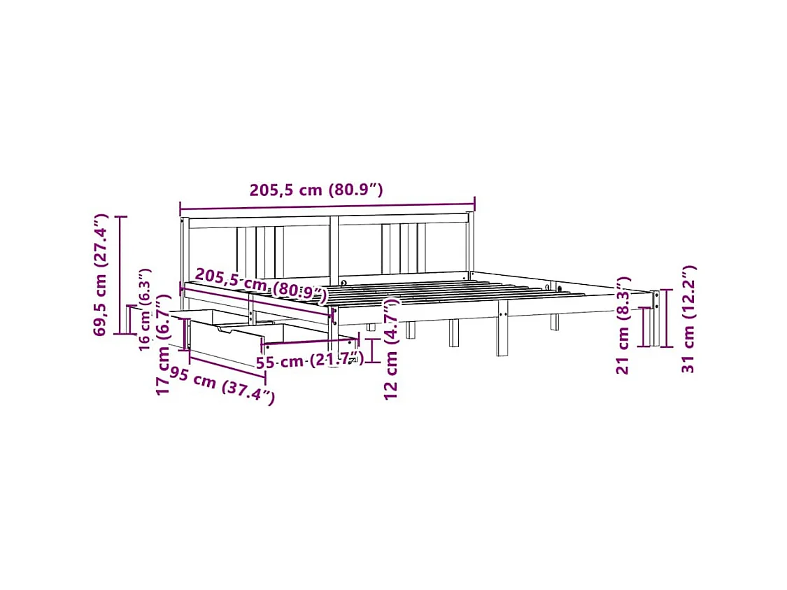 Letto senza Materasso 200x200 cm in Legno Massello di Pino