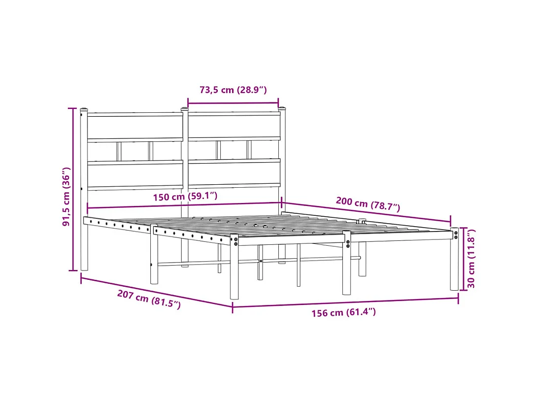 Cadre de lit en métal sans matelas chêne fumé 150x200 cm