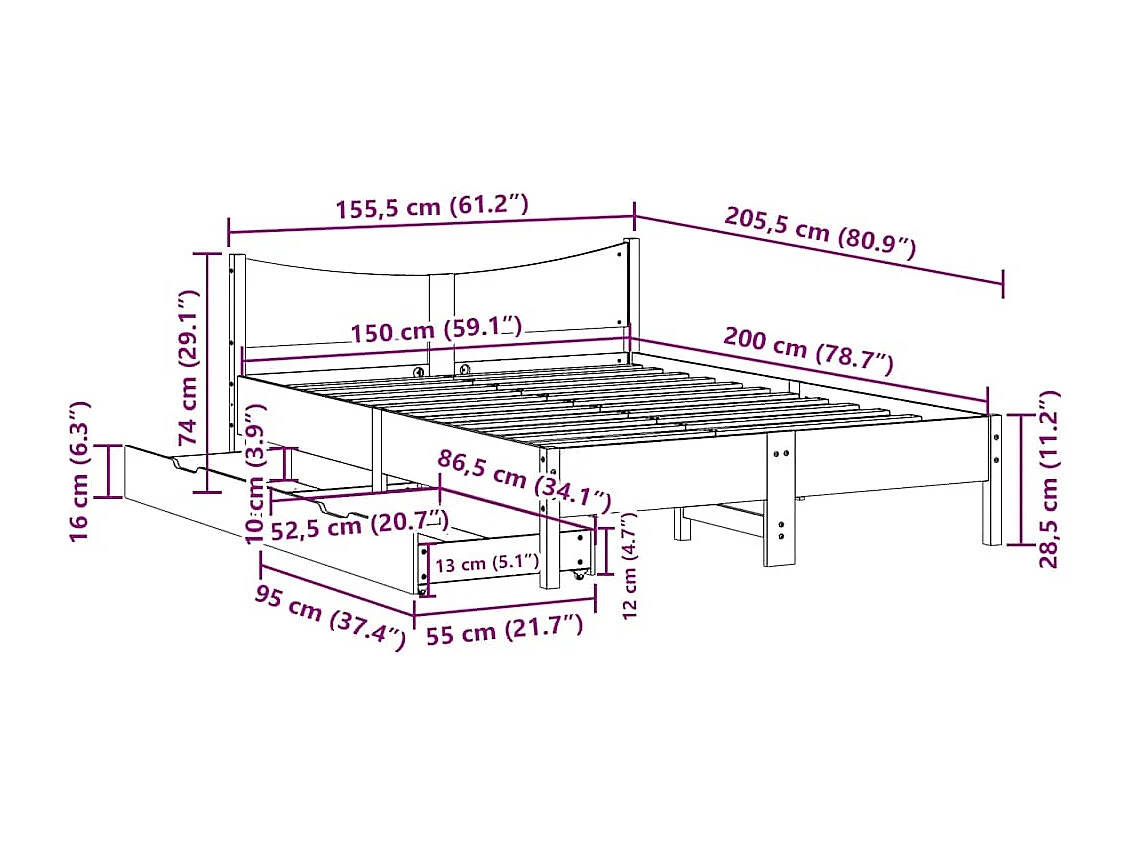 Cadre de lit avec tiroirs blanc 150x200 cm bois de pin massif