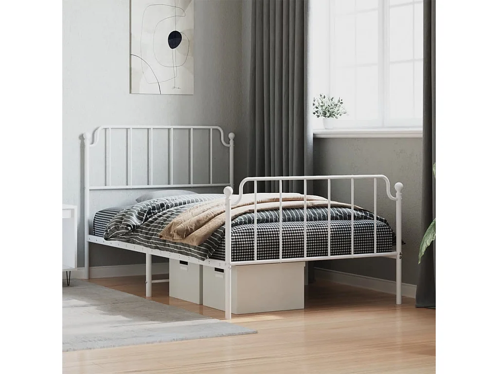 Cadre de lit métal sans matelas et pied de lit blanc 107x203 cm