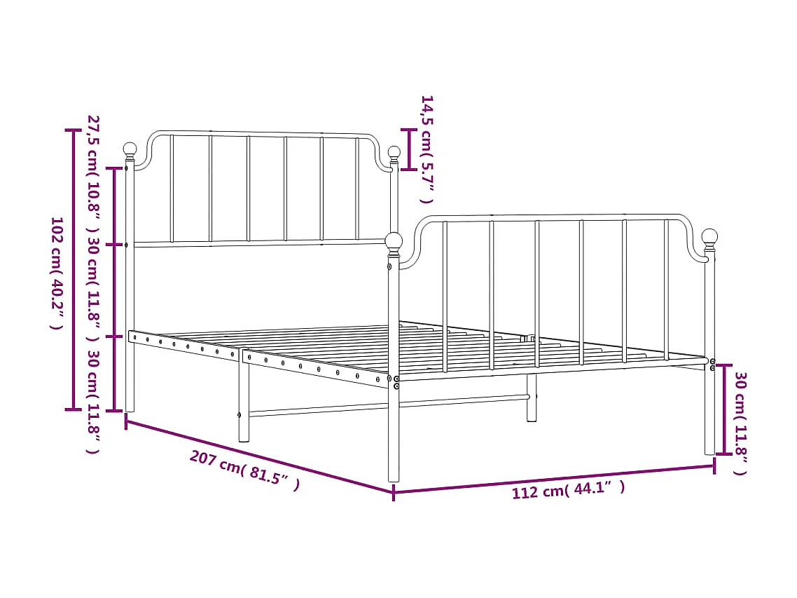 Cadre de lit métal sans matelas et pied de lit blanc 107x203 cm