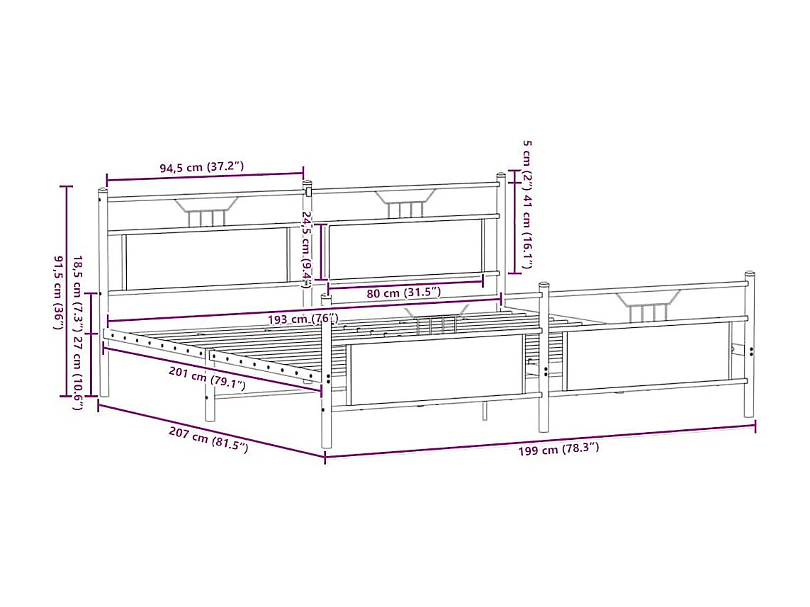 Estructura de cama sin colchón metal roble Sonoma 193x201 cm