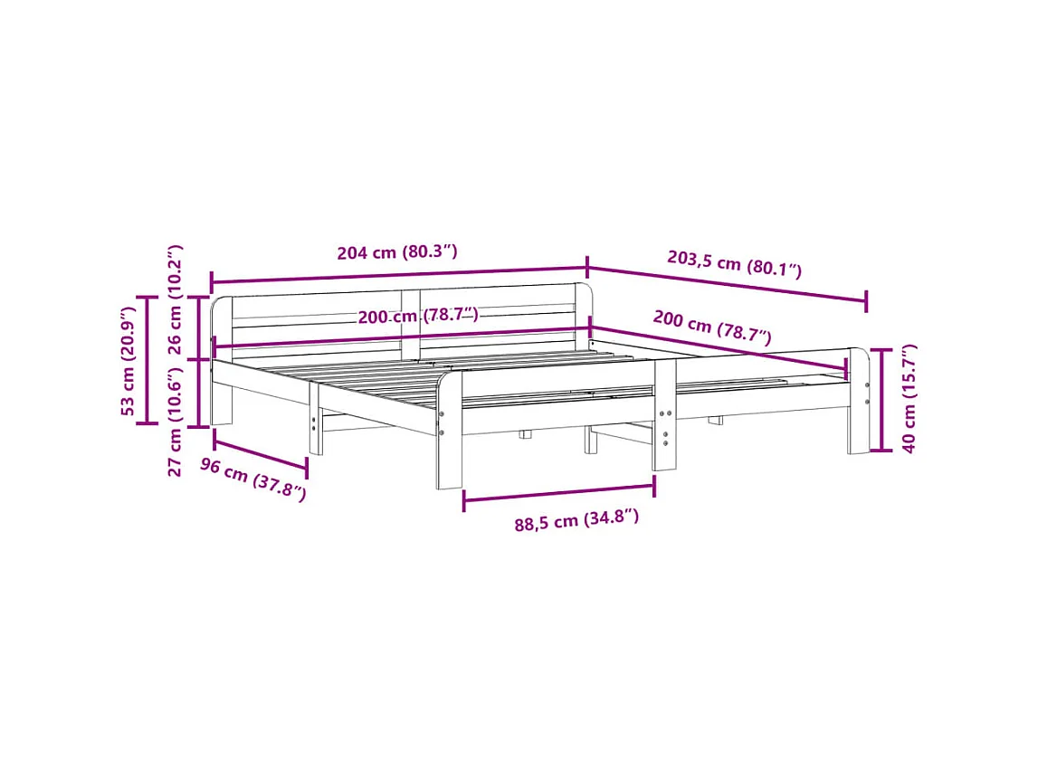Letto senza Materasso 200x200 cm in Legno Massello di Pino