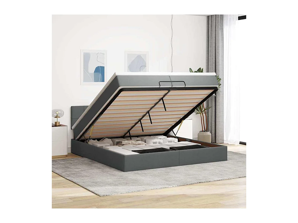 Cadre de lit ottoman avec matelas gris foncé 200x200cm tissu