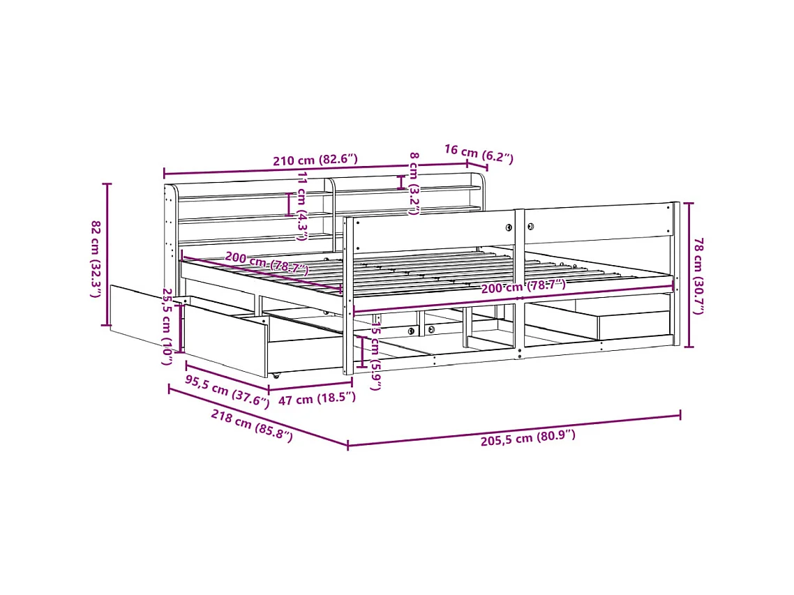 Cadre de lit sans matelas blanc 200x200 cm bois massif de pin