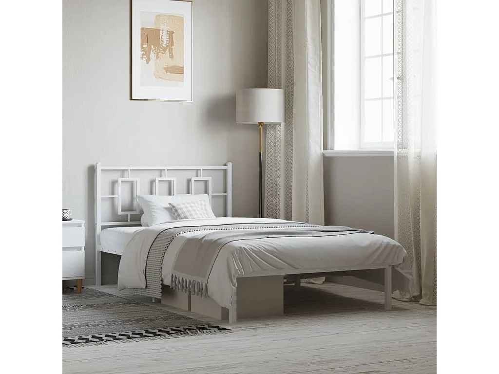 Cadre de lit métal sans matelas et tête de lit blanc 107x203 cm