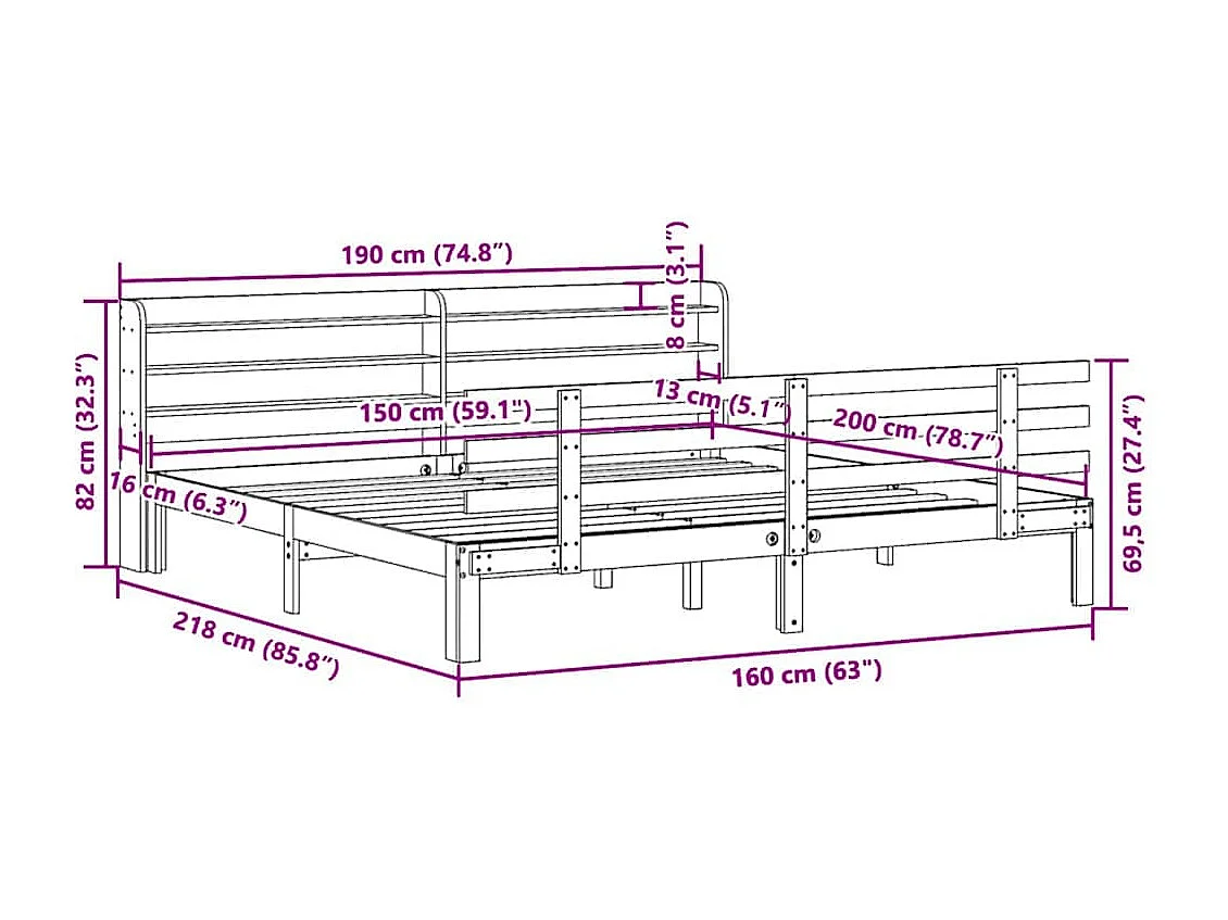 Estrutura cama c/ cabeceira 150x200cm pinho maciço castanho-mel