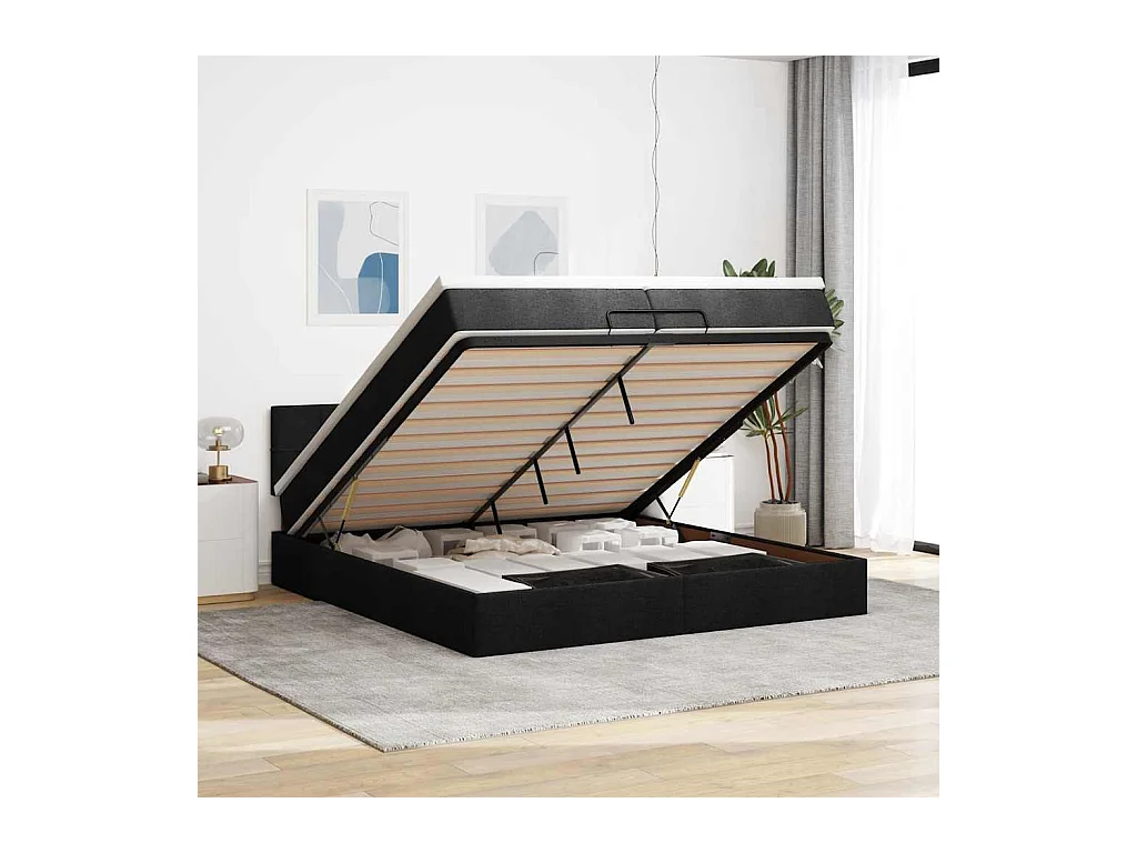Estructura de cama otomana con colchón tela negra 200x200 cm